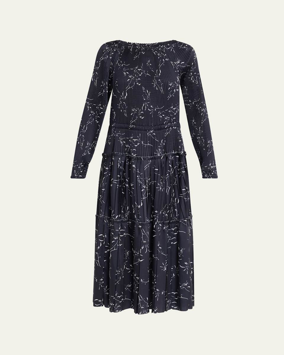 Pleated Long-Sleeve Midi Dress